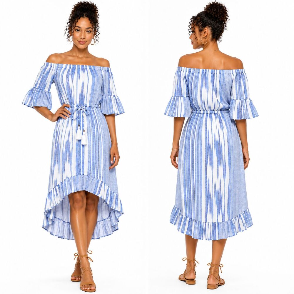Blue Island Blue White Striped Off Shoulder High Low Dress XS Cotton Tassel